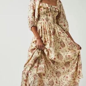 Free People Printed Oasis Shirred Smocked Square Neck Midi Dress